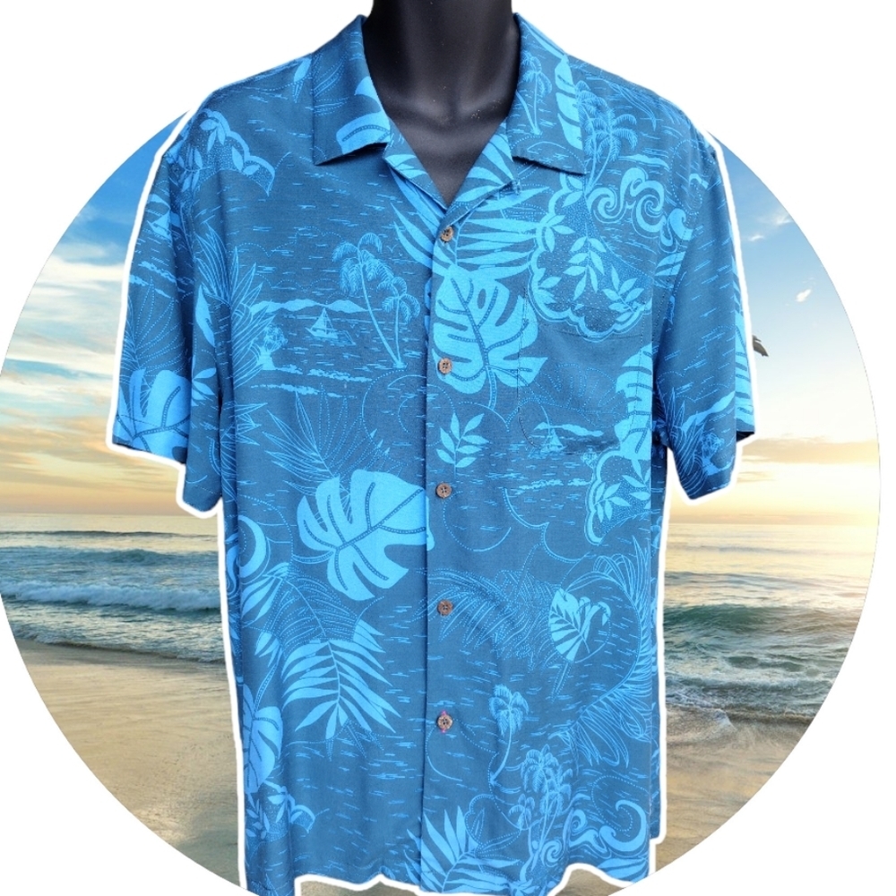 🔥 Tommy Bahama Hawaiian Tropical Blue Button Down Shirt Sz XL